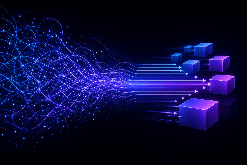 Tangled threads of ideas resolving into ordered, shipped blocks